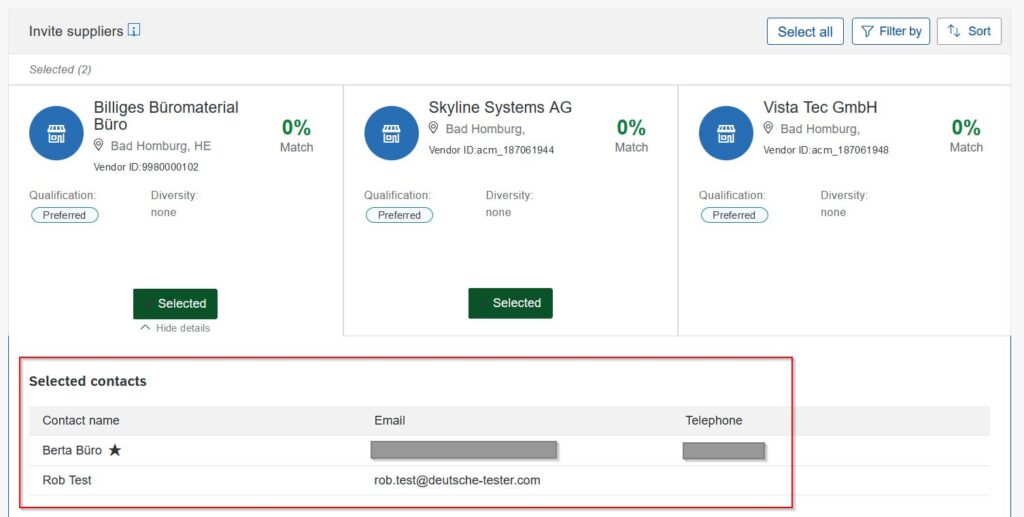 Screenshot aus SAP Ariba Guided Buying: Übersicht ausgewählter Lieferanten im Multiline-RFQ-Prozess mit angezeigten zusätzlichen Kontaktinformationen wie Name, E-Mail und Telefonnummer