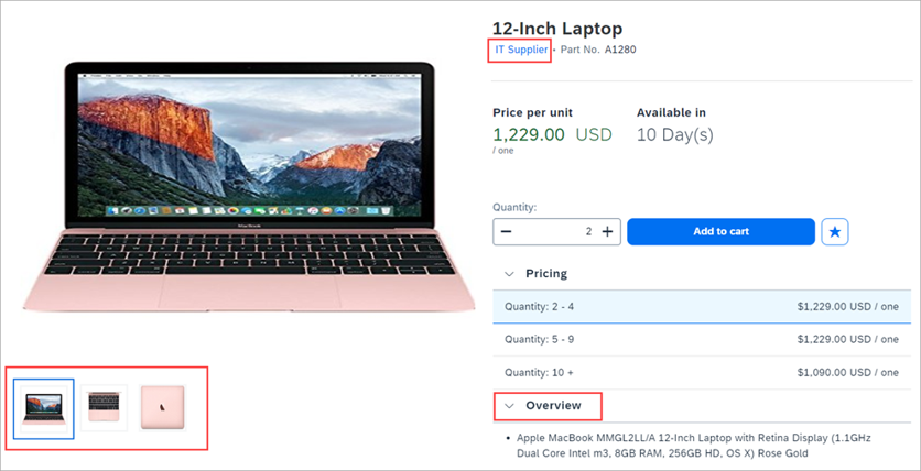 Screenshot der überarbeiteten Artikel-Detailseite in SAP Ariba Guided Buying: Produktdarstellung eines 12-Inch-Laptops mit mehreren Vorschaubildern, Preisstaffelung, Mengenwahl, Verfügbarkeitsangaben und ‚Add to Cart‘-Button