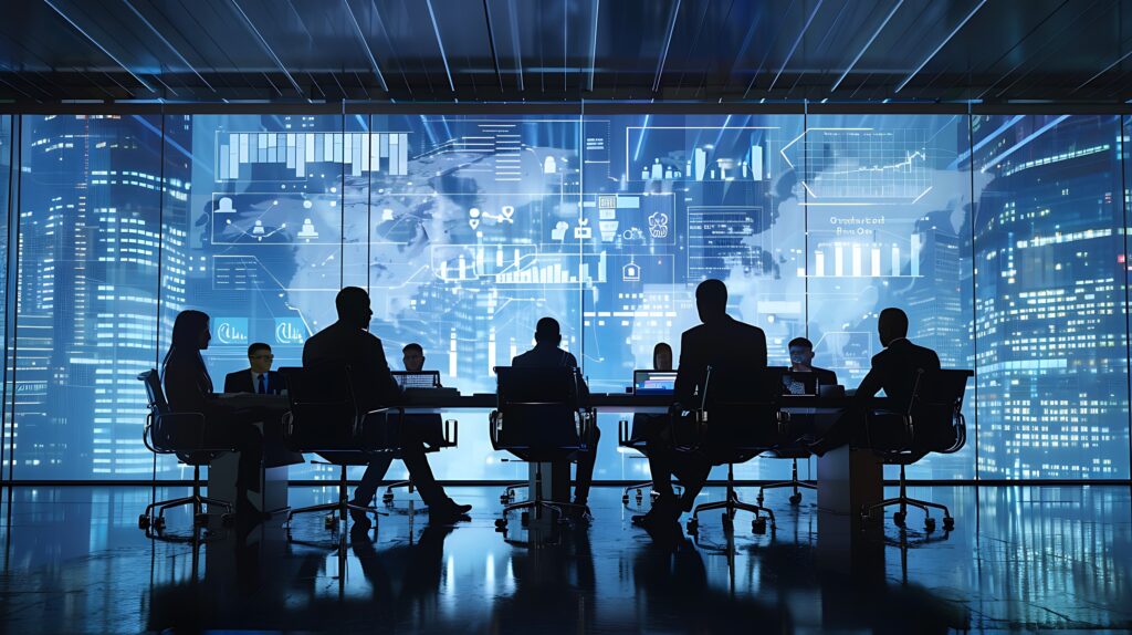 Team arbeitet im digitalen Meetingraum mit System-Dashboards – Visualisierung SAP Ariba Buying Admin Schulung