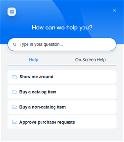 Screenshot der WalkMe-Integration in SAP Ariba: Eingebettetes Hilfefenster mit Suchfeld und geführten On-Screen-Anleitungen wie ‚Show me around‘, ‚Buy a catalog item‘ und ‚Approve purchase requests‘