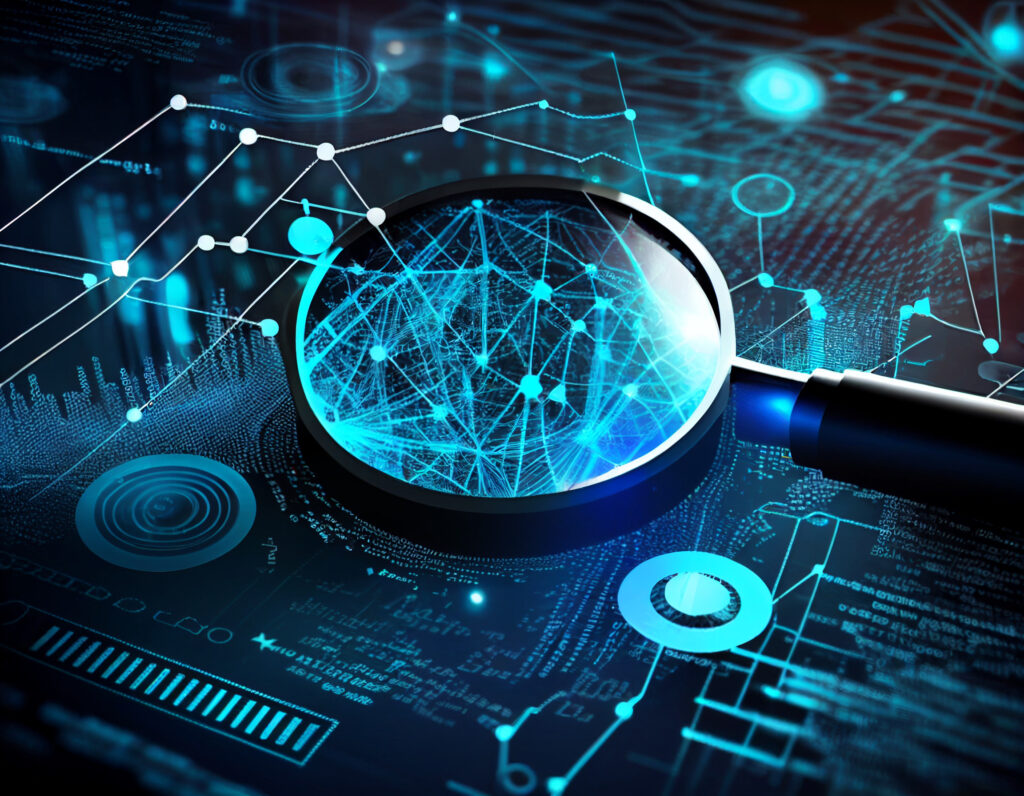 Digitale Risikoanalyse mit Lupe über vernetzten Datenpunkten