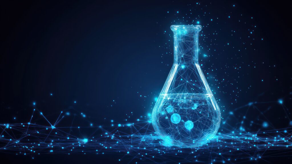 Digitales, leuchtendes Glasgefäß in futurischem Netzwerkdesign – Digitalisierung in Chemie-, und Pharma Prozessen