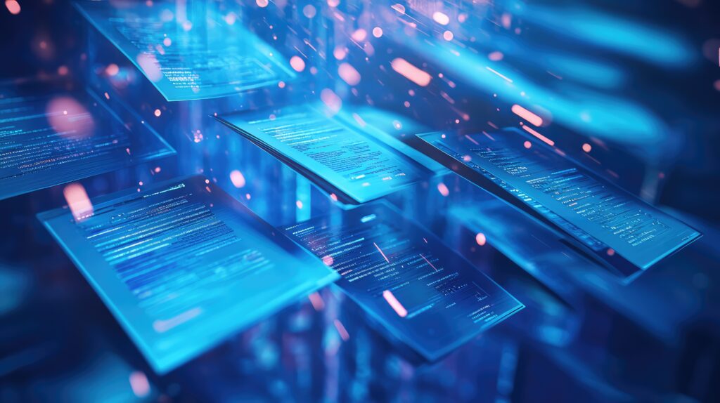 Digitale Vertragsdokumente schweben als holografische Oberflächen in Blau – Symbolbild für papierloses und effizientes Vertragsmanagement mit SAP Ariba Contracts