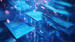Digitale Vertragsdokumente schweben als holografische Oberflächen in Blau – Symbolbild für papierloses und effizientes Vertragsmanagement mit SAP Ariba Contracts