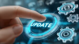 Grosser Button mit blauen Rand auf dem Update steht