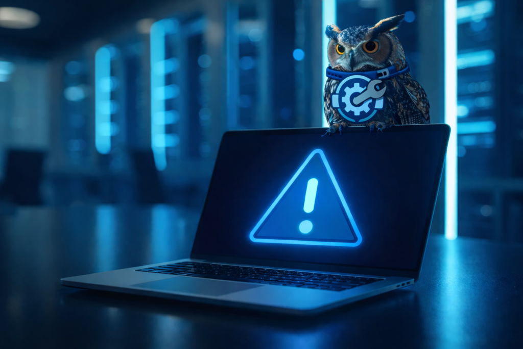 Support - zeigt Eule, als Symbol für DBC, mit Support Halsband auf Laptop sitzend